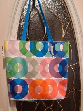 Clinique Multicolor Circle Print Canvas Tote - Blue Handles